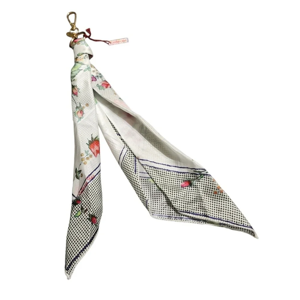 Johnny Was Zoila Silk Scarf Keychain Bag Charm NWT Floral Cream Polka‎ Dot